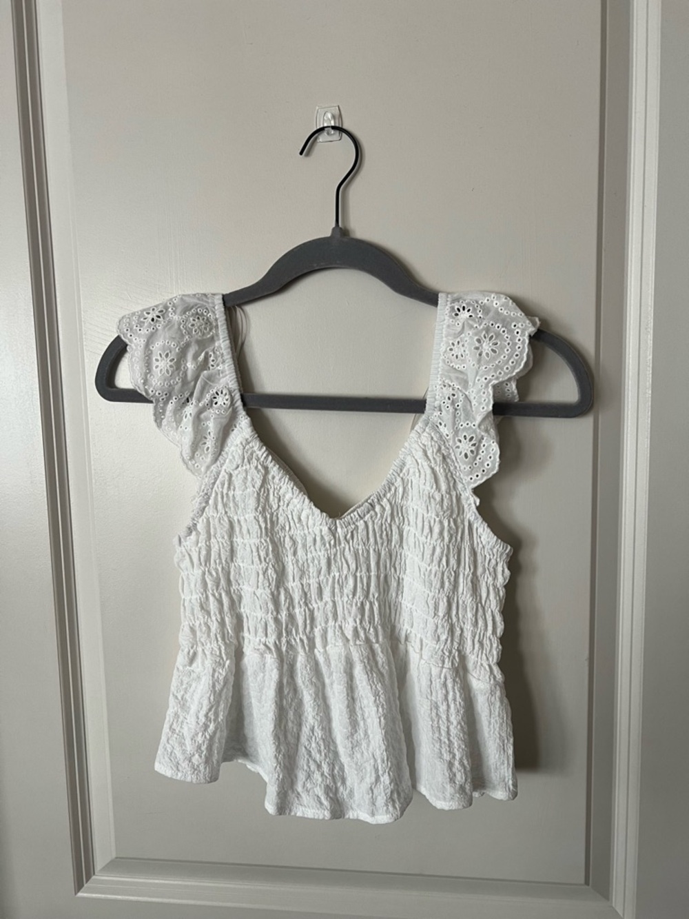 iris White Eyelet Ruffle Strap Smocked Peplum Camisole
